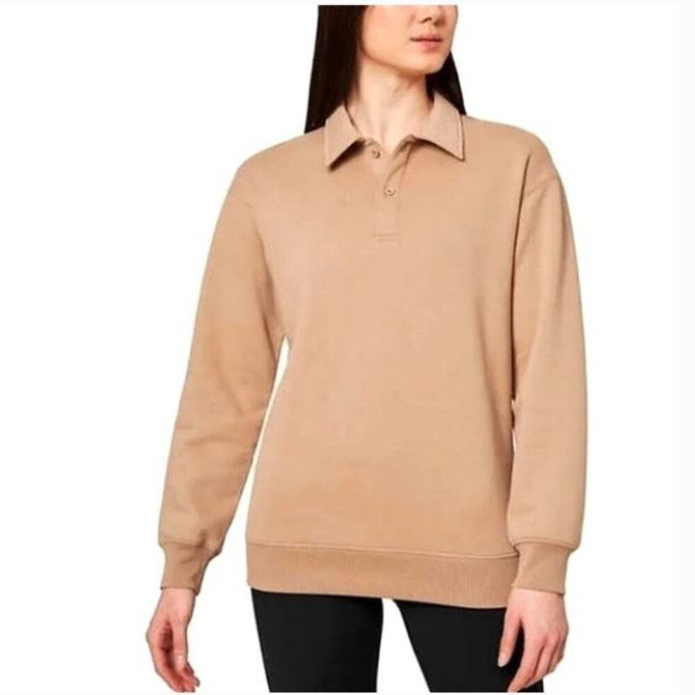 Mondetta Ladies Collared Fleece Pullover Top Tan/Mocha
